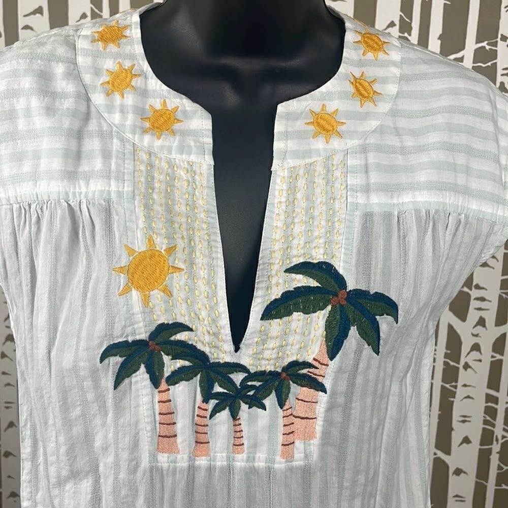 Madewell White Striped Embroidered Palm Tree Tunic with Yellow Sun Accents